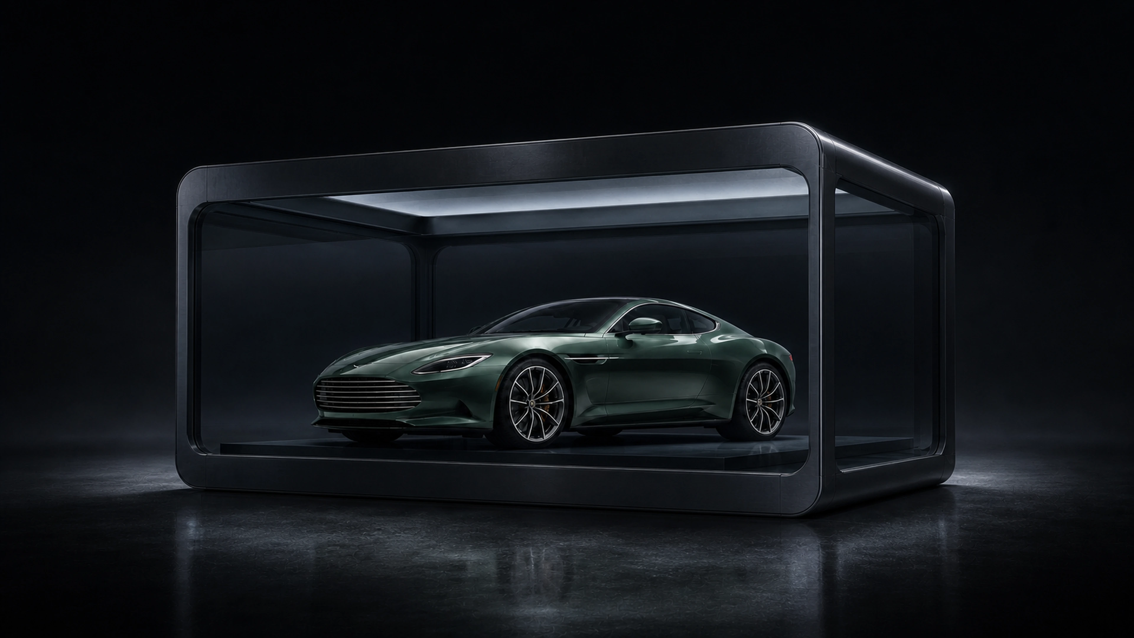 Performance vehicle presented inside a dark illuminated automotive technology enclosure