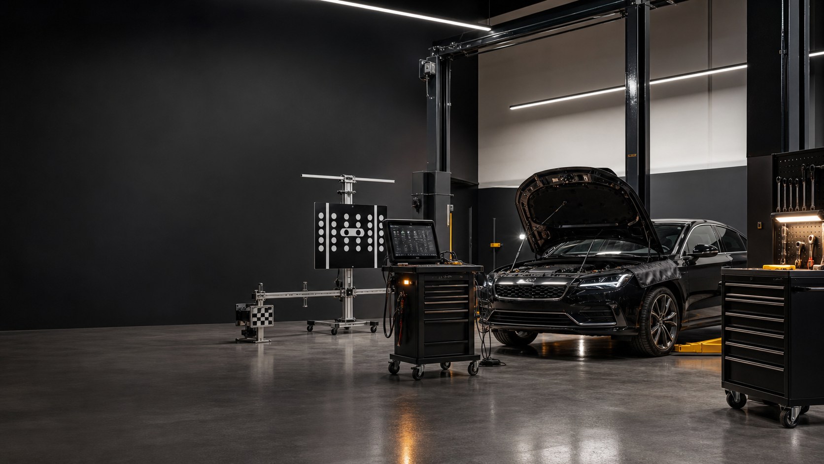 Auto electrician working on advanced driver-assistance systems in the workshop