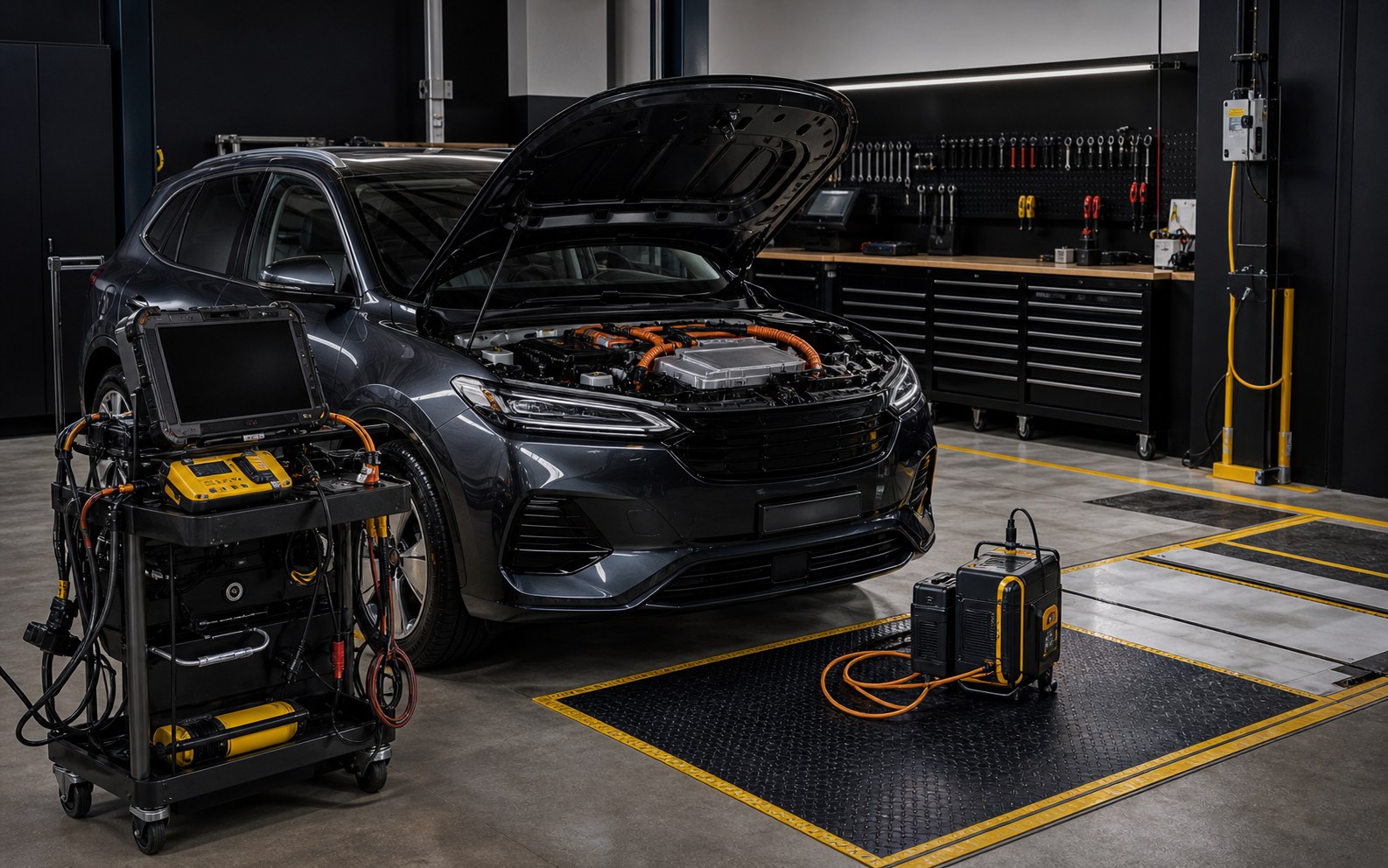 High-voltage battery pack and orange HV cabling of a hybrid vehicle