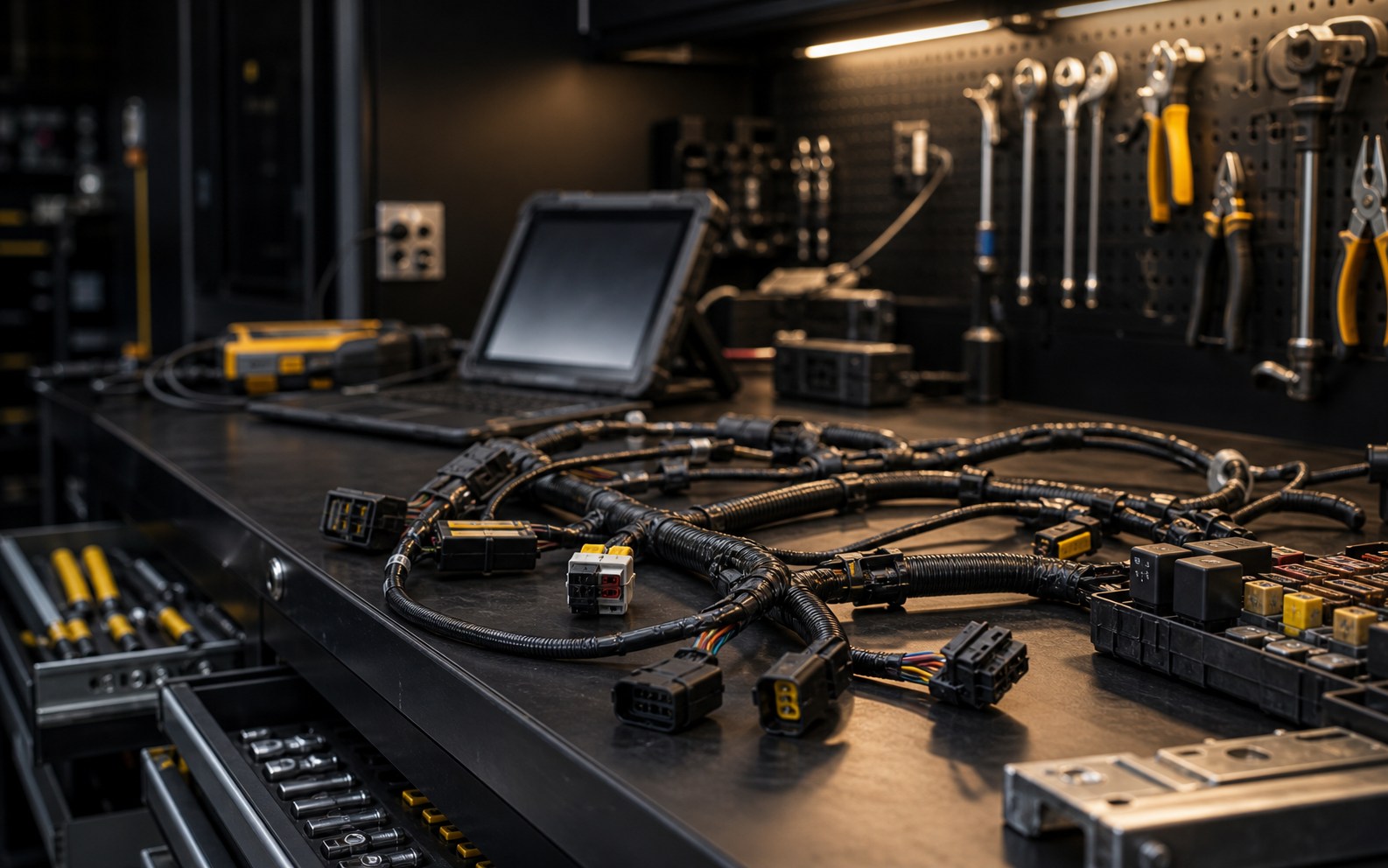 Auto electrician building a custom wiring harness at the bench